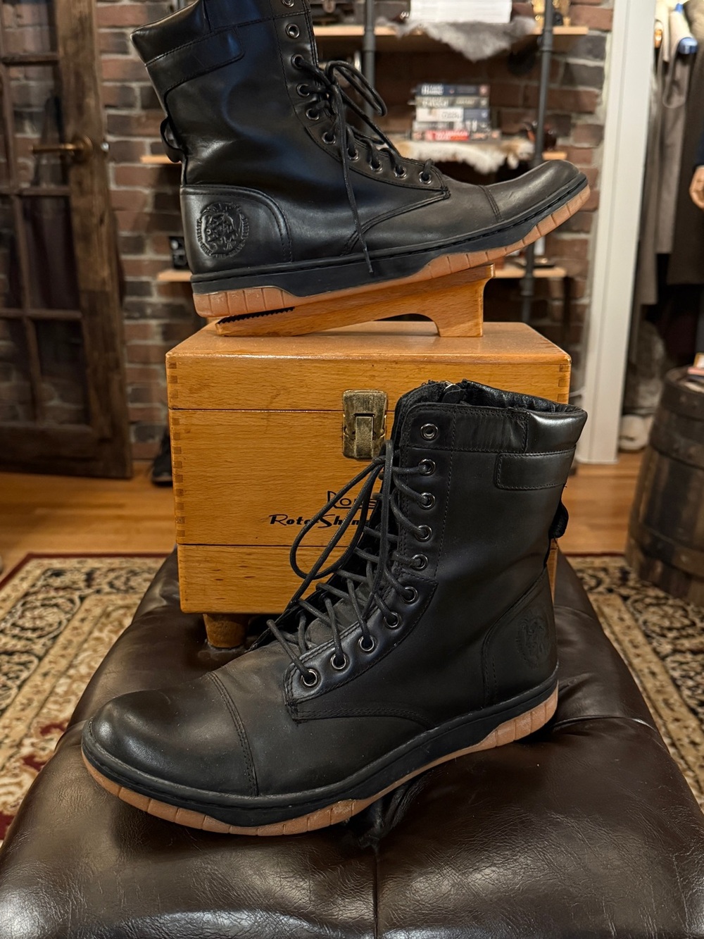 Diesel Black Leather Lace-Up Combat Boots with Tan Soles